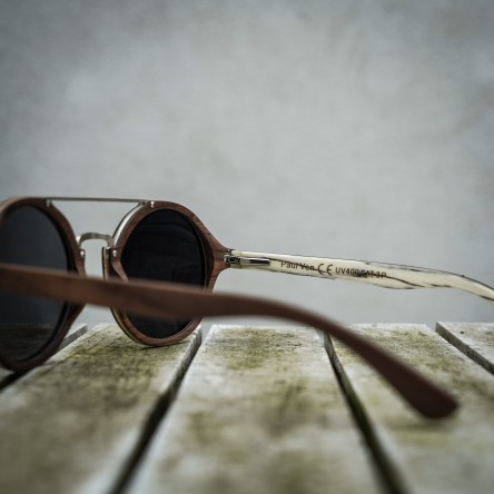 Round Style Walnut Ebony Wood Sunglasses, Metal Bridge