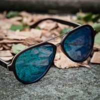 Aviator Sunglasses With Metal Bridge, Ebony Wood Sunglasses + Blue Mirrored Lenses