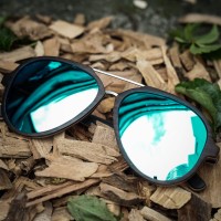 Aviator Sunglasses With Metal Bridge, Ebony Wood Sunglasses + Blue Mirrored Lenses