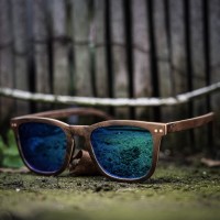 Square Wayfarer Burl Walnut Wood Sunglasses, Mirrored Blue Lenses
