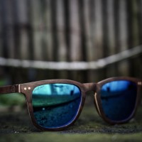 Square Wayfarer Burl Walnut Wood Sunglasses, Mirrored Blue Lenses