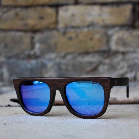 Flat Top Style Bamboo Wood Sunglasses, Blue Mirrored Lenses