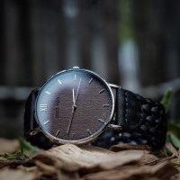 Wood and Steel Watch, Silver with Black, Braided Leather Strap