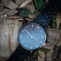 Wood and Steel Watch, Silver with Black, Braided Leather Strap