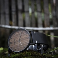 Wood and Steel Watch, Black Matte with Black Leather Strap And White Stitches