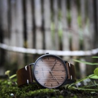 Wood and Steel Watch, Black Matte with Dark Brown Leather Strap And White Stitches