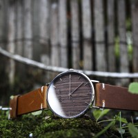Wood and Steel Watch, Silver with Brown Leather Strap And White Stitches