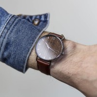 Wood and Steel Watch, Silver with Brown Leather Strap