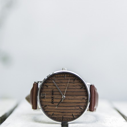 Wood and Steel Watch, Silver with Brown Leather Strap