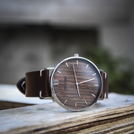 Wood and Steel Watch, Silver with Dark Brown Leather Strap And White Stitches