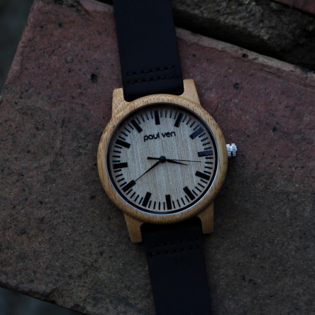 Liberty Wood Watch - Bamboo Wood Watch With Leather Original Black Strap